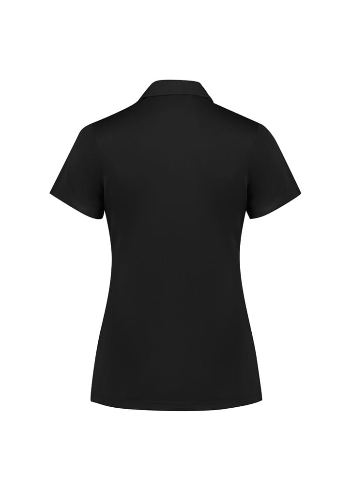 A black short sleeve polo shirt with a collar and fitted design, featuring a logo on the back.