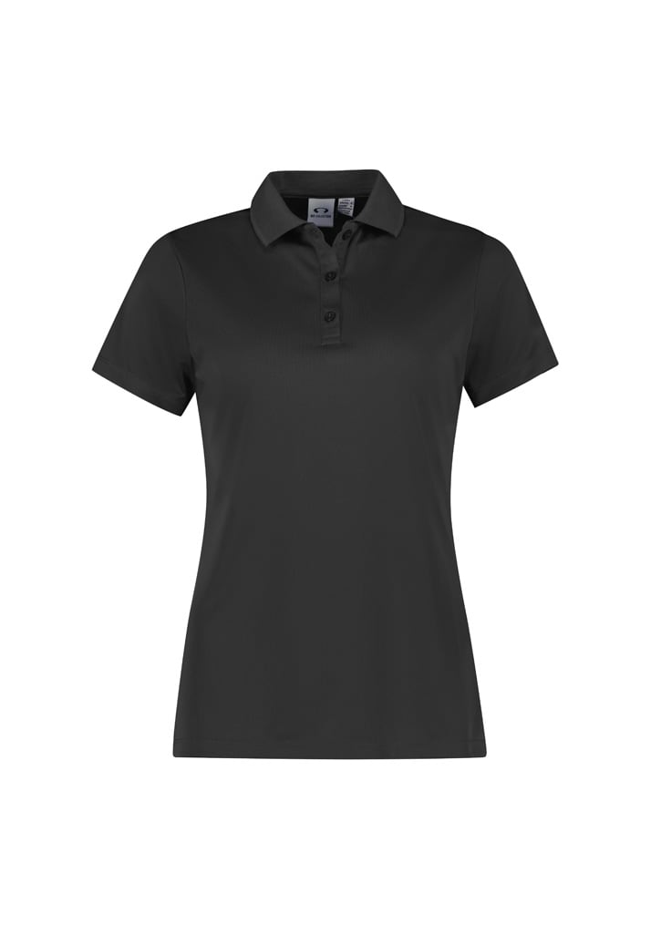 A women's short sleeve polo shirt in black, featuring a collar and a button placket, with a logo on the chest.