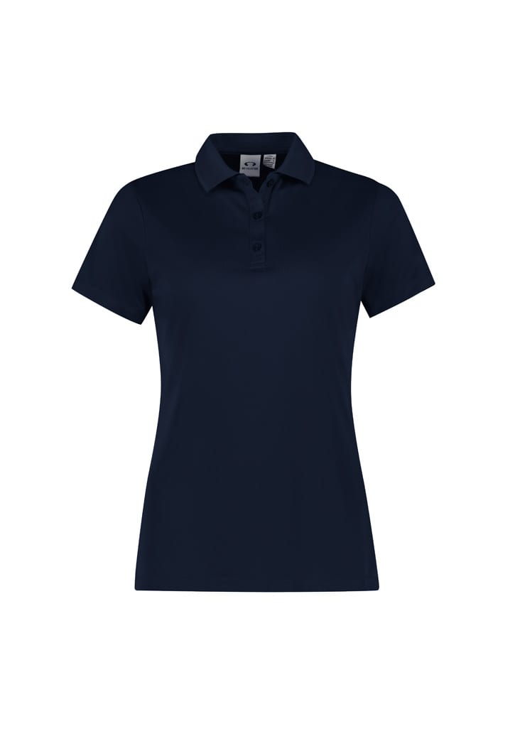 A navy women's short sleeve polo shirt featuring a collar and a button-up front. Includes a logo on the chest.