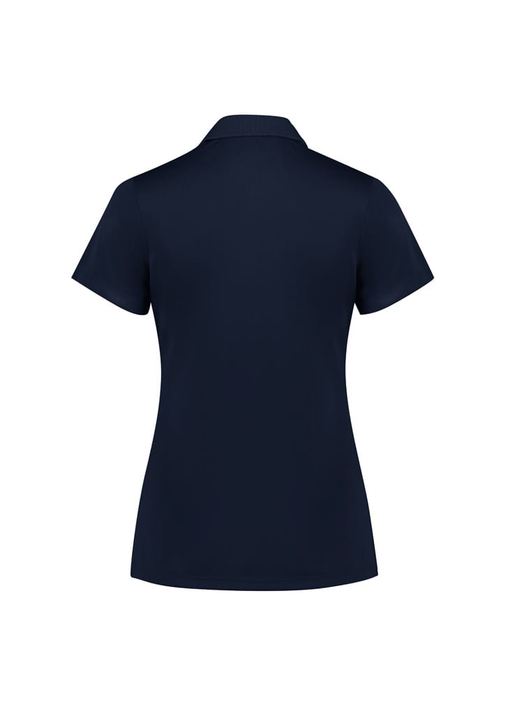 A navy women's short sleeve polo shirt featuring a classic collar and a back view. It includes a logo.