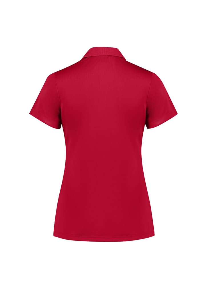 A red women's action short sleeve polo shirt featuring a collar and a logo.