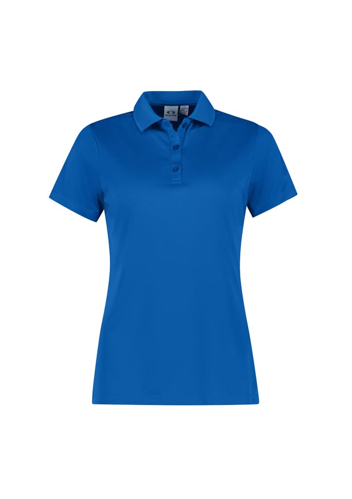 A women's short sleeve polo shirt in vibrant blue, featuring a collar and a logo.