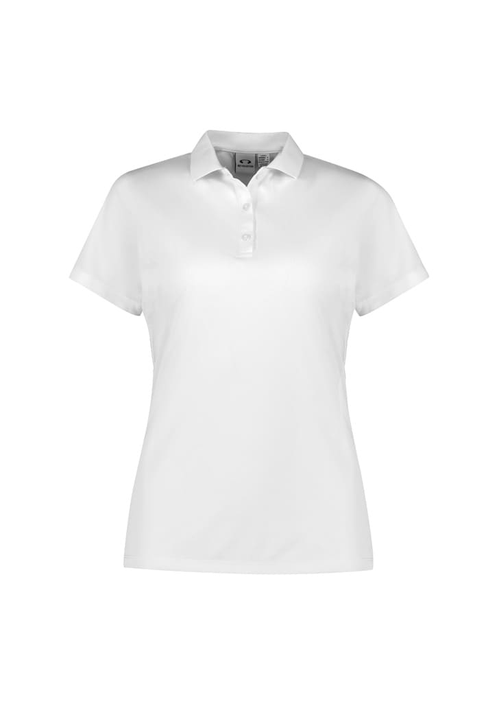 A white women's short sleeve polo shirt featuring a collar and a logo on the chest.