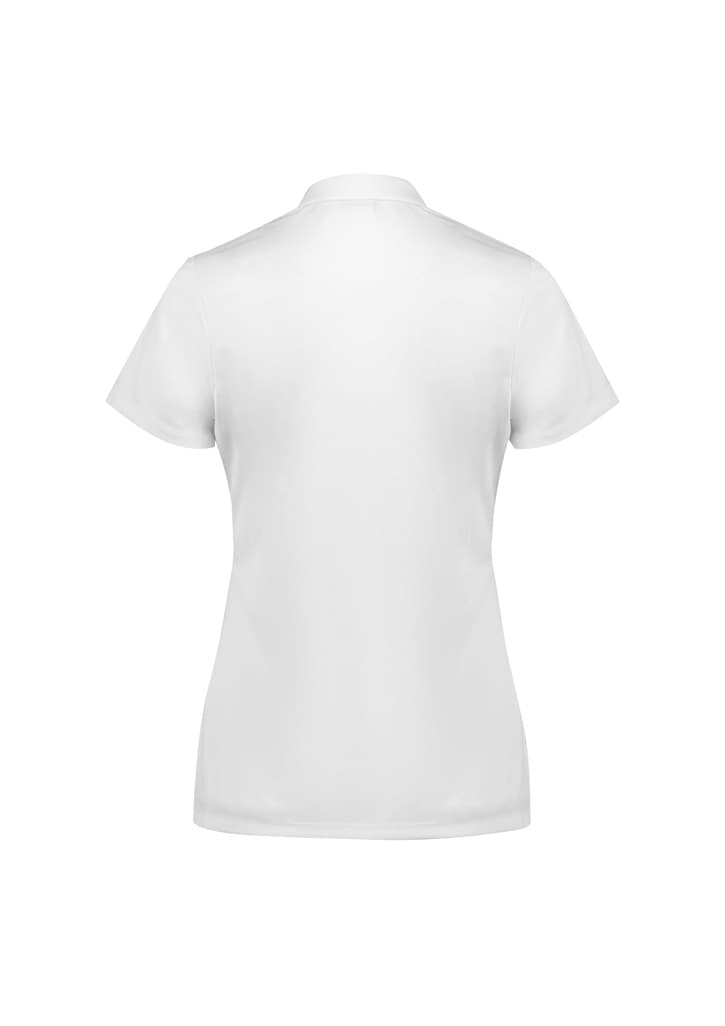 A white women's short sleeve polo shirt with a standard collar and a logo on the back.