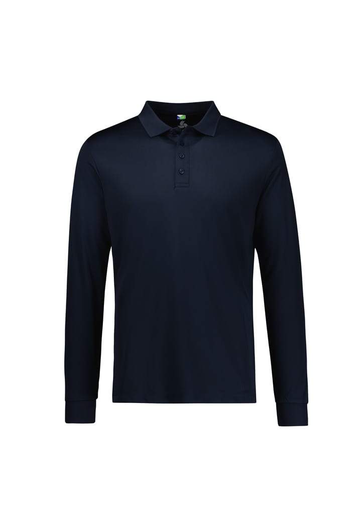 A navy long sleeve polo shirt with a collar and three-button placket. Features a logo on the chest.
