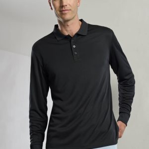 A man wearing a black long sleeve polo shirt, featuring a collar and button placket. The shirt has a logo present.