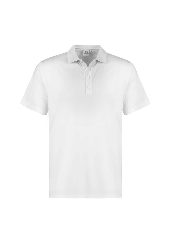 A white short sleeve polo shirt with a collar and a logo at the chest.