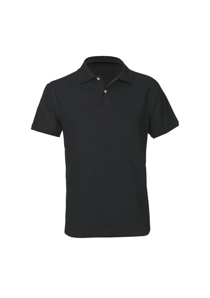 A black short sleeve polo shirt with a collar and buttons, featuring a contrasting inner collar.
