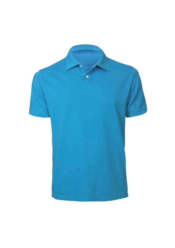 A bright blue men's short sleeve polo shirt with a classic collar and a logo on the chest.