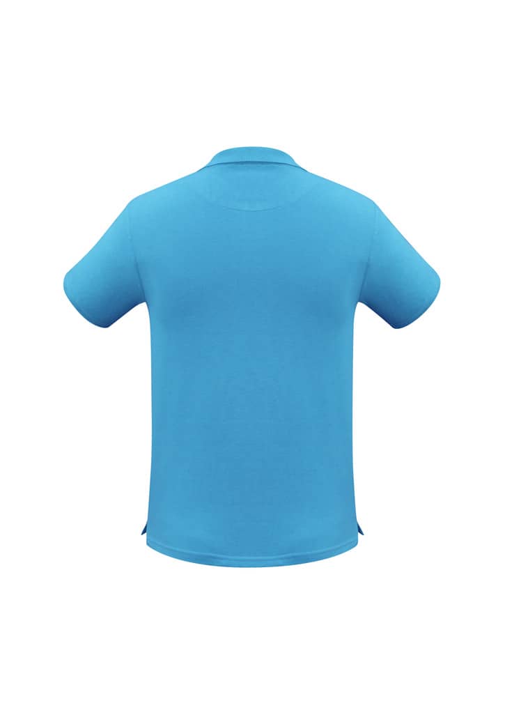 A short sleeve polo shirt in bright blue with a back view and a logo on the side.
