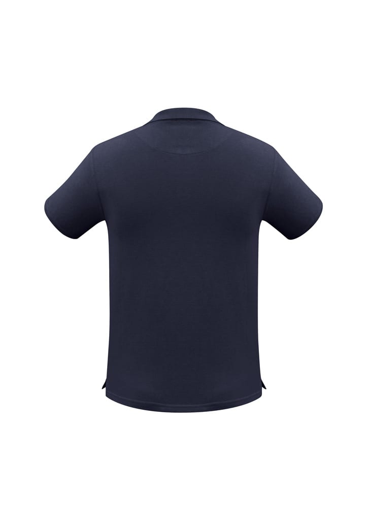 A dark navy short sleeve polo shirt featuring a collar and a logo on the chest.
