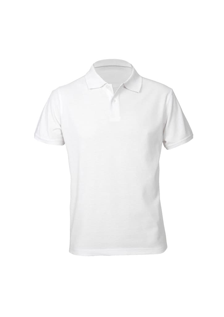 A white men's short sleeve polo shirt with a collar and a branding logo.