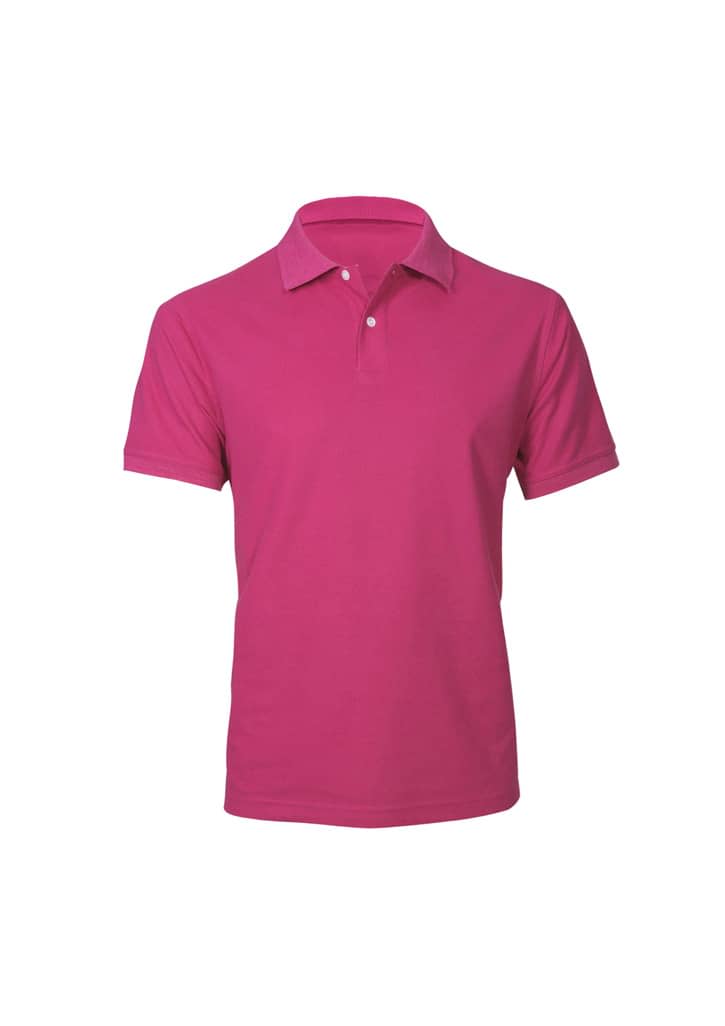 A pink short sleeve polo shirt with a collar and button detail, featuring a logo.
