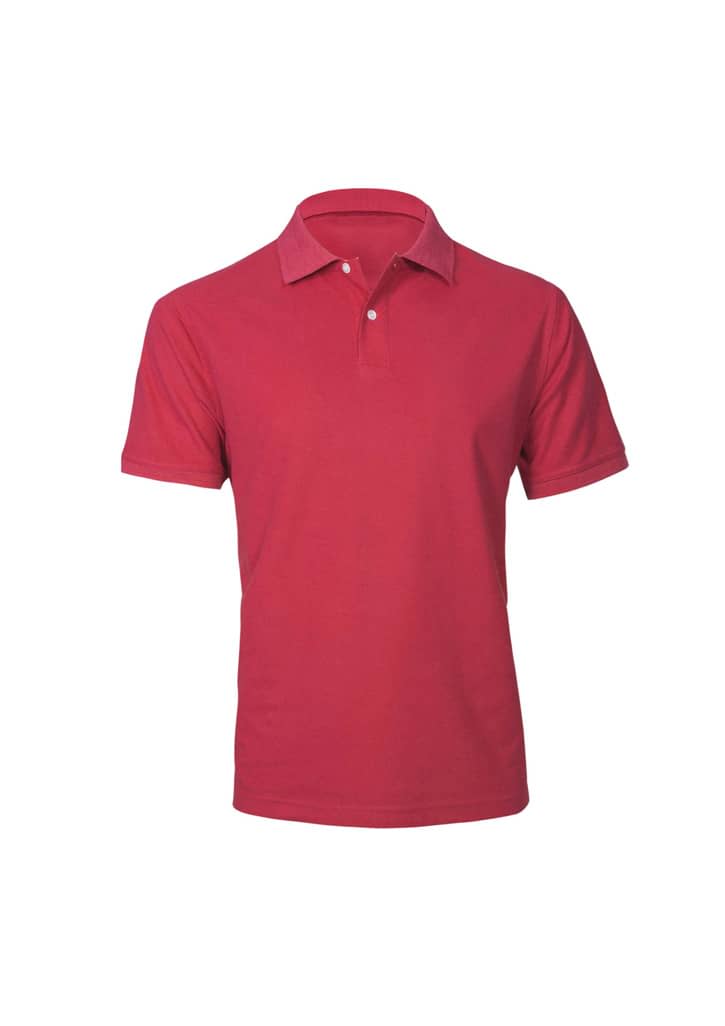 A red short sleeve polo shirt featuring a collar and three buttons, with a logo on the chest.