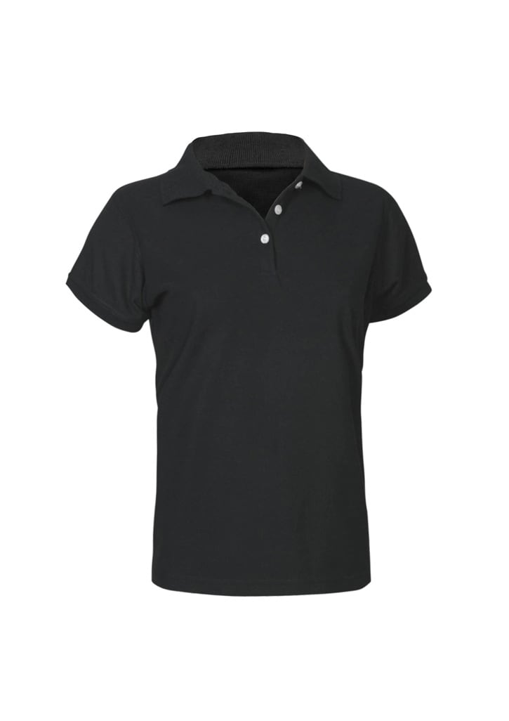 A women's short sleeve polo shirt in a solid dark green colour, featuring a collar and a branded logo.