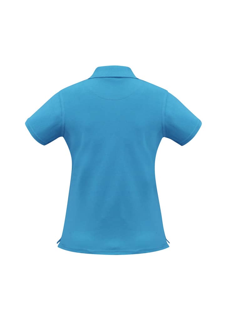 A women's short sleeve polo shirt in bright blue, featuring a collar and a logo on the back.