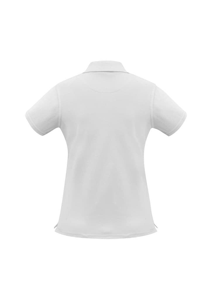 A white women's short sleeve polo shirt with a classic collar and a small logo on the back.