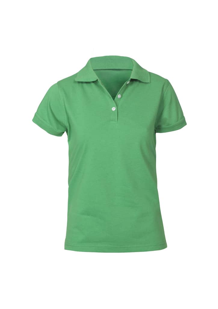 A green women's short sleeve polo shirt with a classic collar and three buttons, featuring a logo.