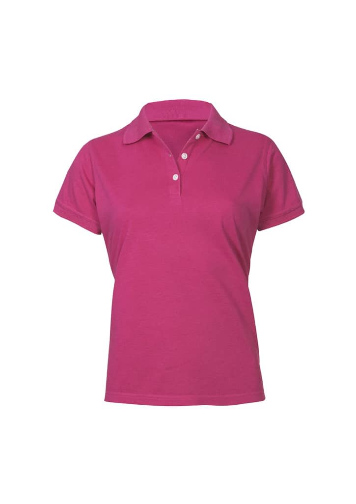 A pink women's short sleeve polo shirt featuring a classic collar and buttons, with a logo on the chest.
