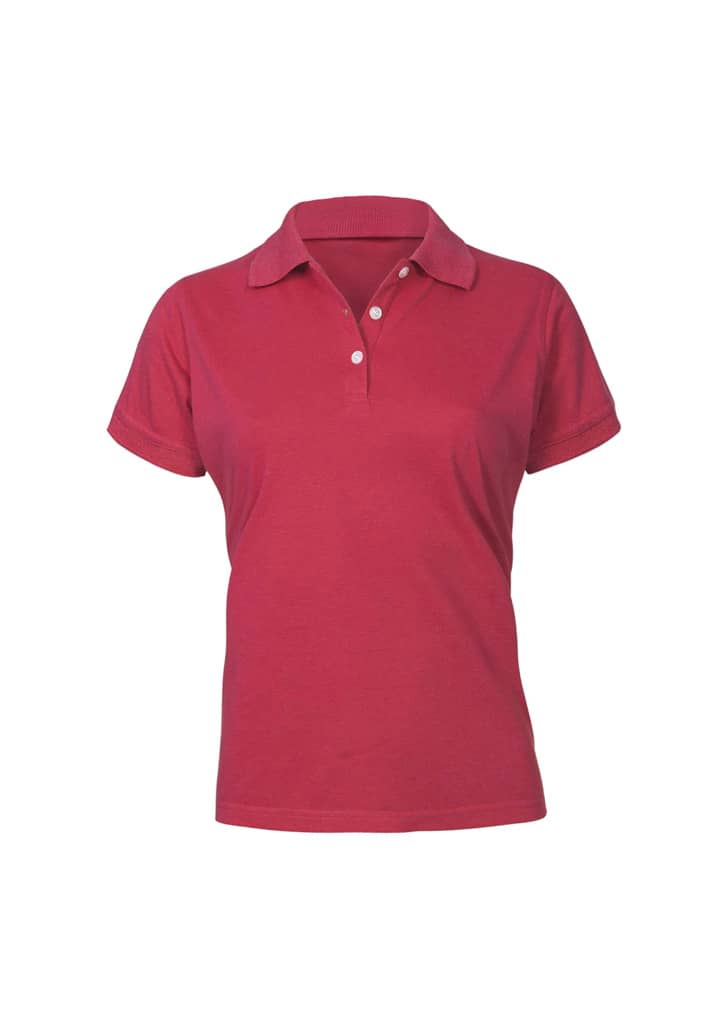 A women's short sleeve polo in a vibrant raspberry colour featuring a collar and button placket, with a logo.