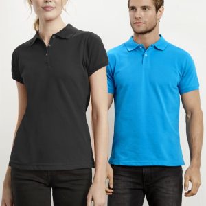 A black women’s short sleeve polo and a blue men’s short sleeve polo, both featuring collars and logos.