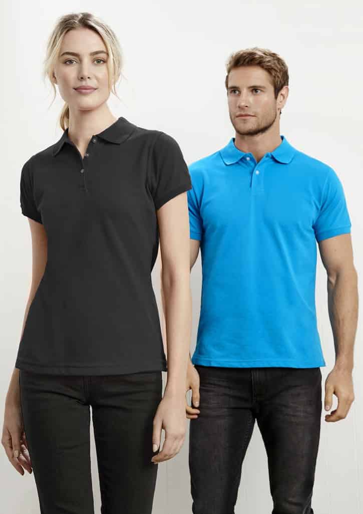A black short sleeve polo and a blue short sleeve polo, both featuring a logo, worn by models.