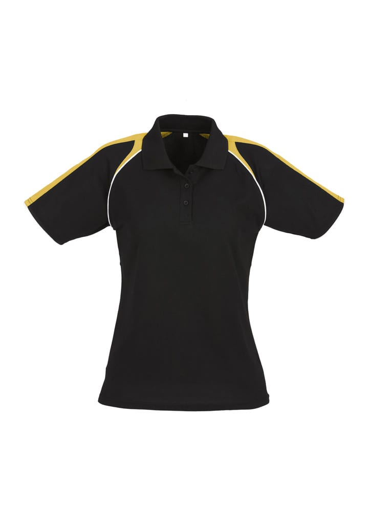 A women's short sleeve polo shirt in black with yellow accents and a logo on the chest area.