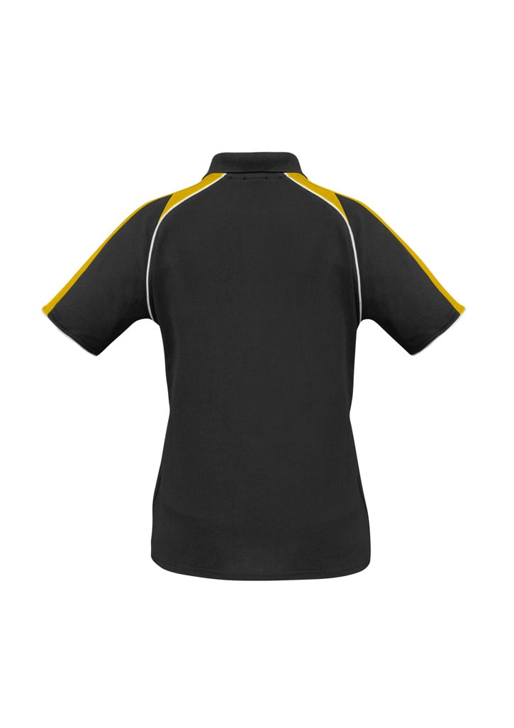A black women's polo shirt with yellow and white accents on the shoulders, featuring a logo.