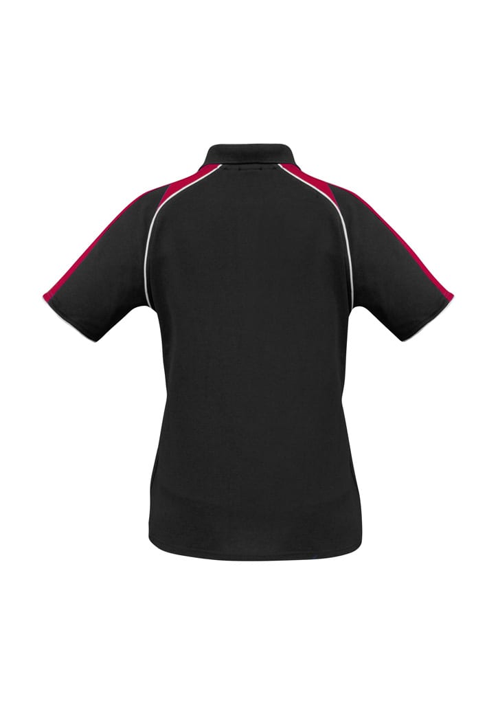 A black women's short sleeve polo shirt with red and white accents. It features a collar and has a logo.