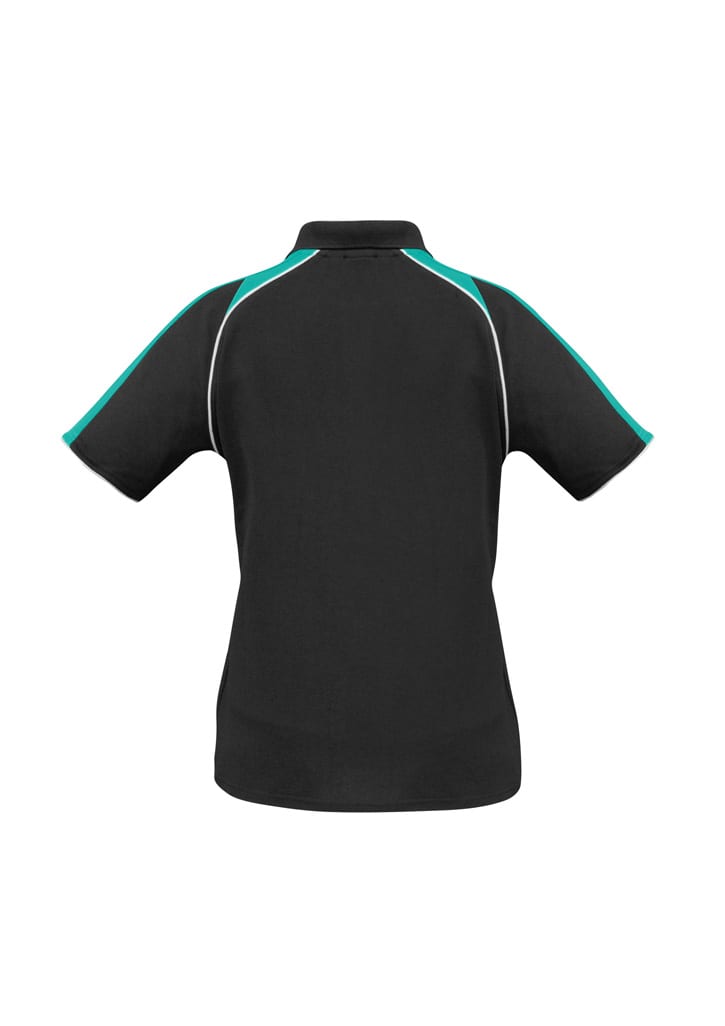 A black women's polo shirt with teal accents, featuring a logo on the back.