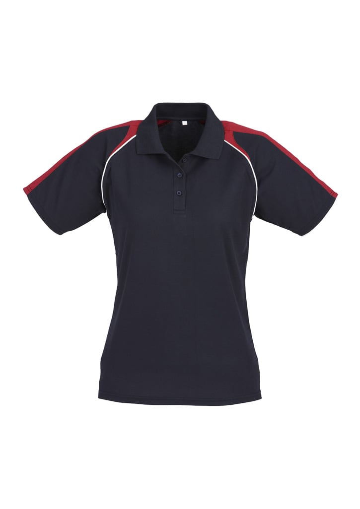 A women's short sleeve polo shirt featuring a navy body with red shoulders and white detailing, including a logo.