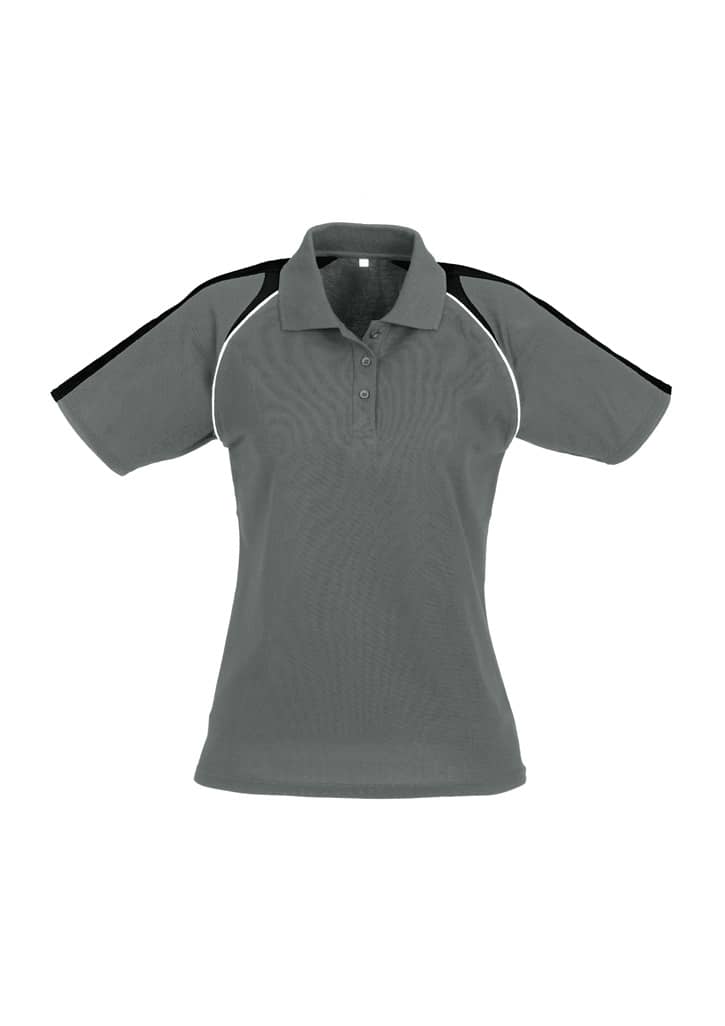 Women's short sleeve polo shirt in grey with black and white accent details; features a collar and a logo.