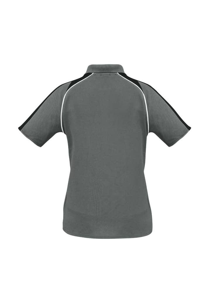 A women's short sleeve polo shirt in grey with contrasting black trim and a logo.