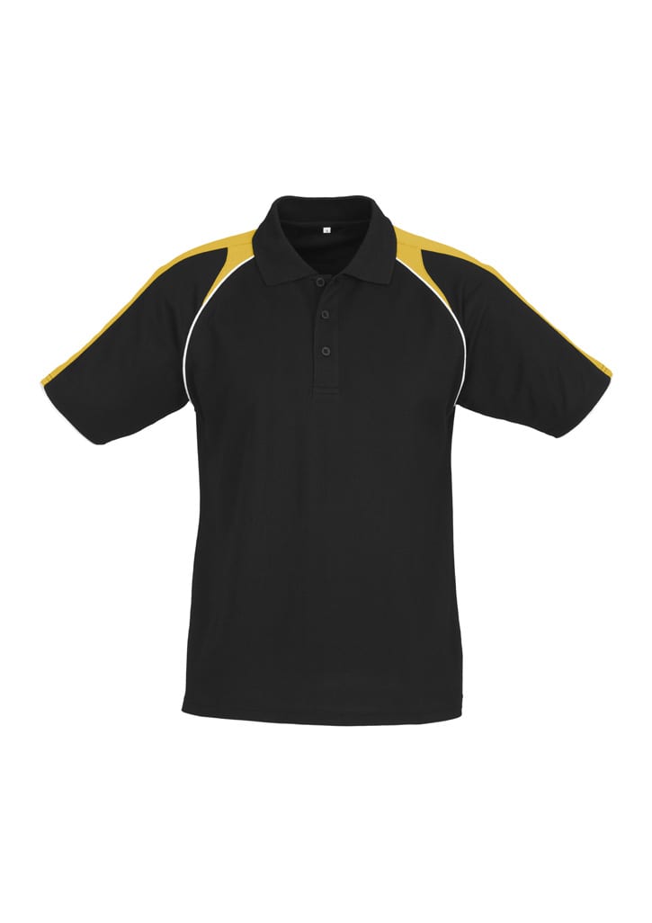 A black polo shirt with yellow accents on the shoulders and a collar, featuring a logo.