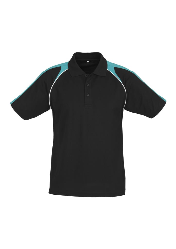 A black short sleeve polo shirt with teal accents and a logo on the chest.
