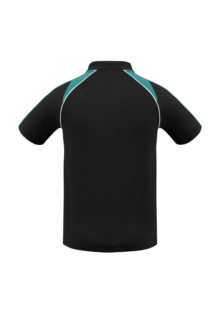 A black short sleeve polo shirt features turquoise accents and has a logo on the back.