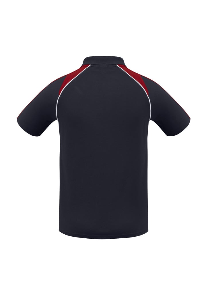 A navy men's polo shirt with red accents and a logo, featuring short sleeves and a classic collar.
