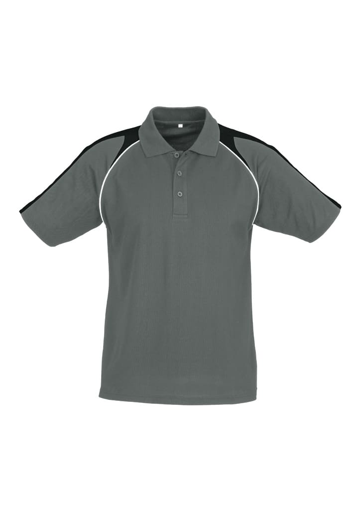 A grey men's polo shirt with black accents on the shoulders and a three-button placket. It features a logo on the chest.