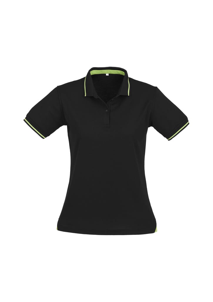A women's black polo shirt featuring short sleeves and green accents. The shirt has a collar and branding.