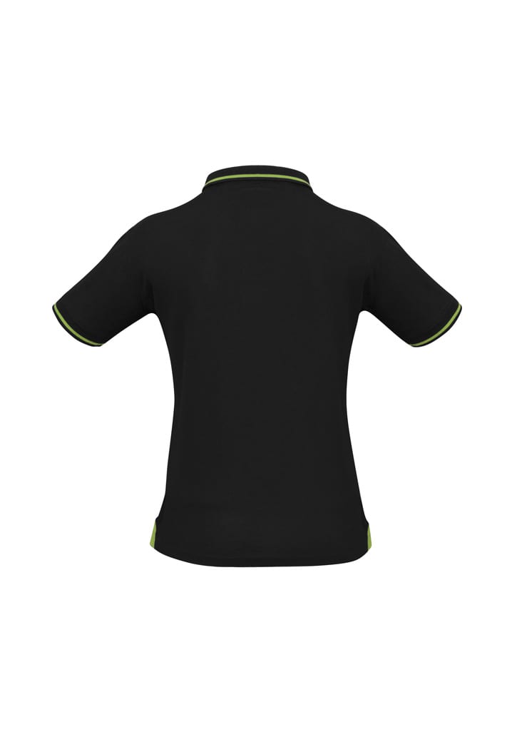 A black women's polo shirt with short sleeves, featuring contrasting green accents and a logo.