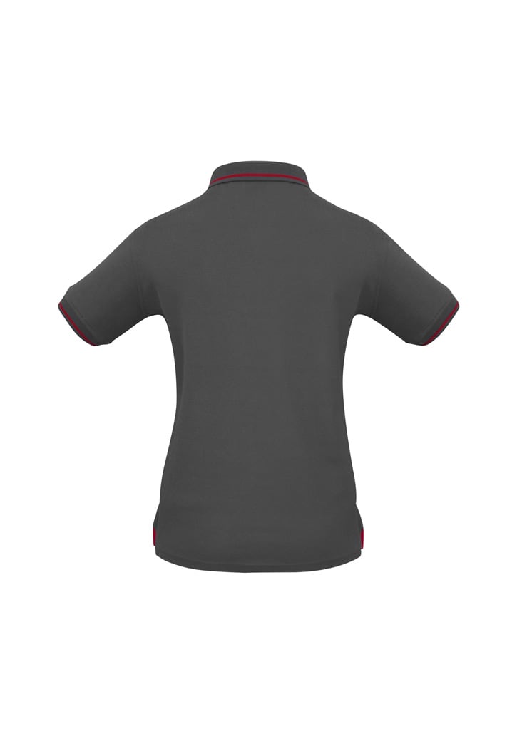 A grey women's short sleeve polo shirt with contrasting trim and a logo on the back.