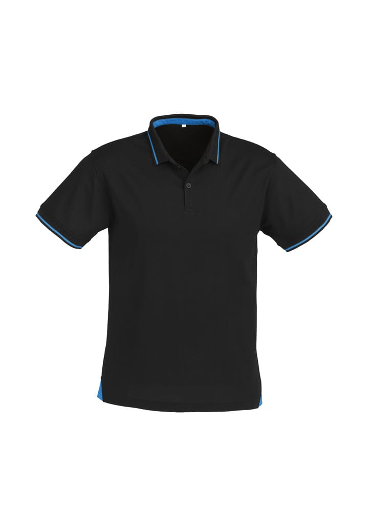 A black short sleeve polo shirt featuring blue trim and a logo.