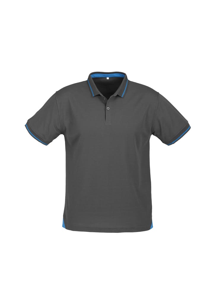 A grey short sleeve polo shirt with blue accents and a collar, featuring a logo.