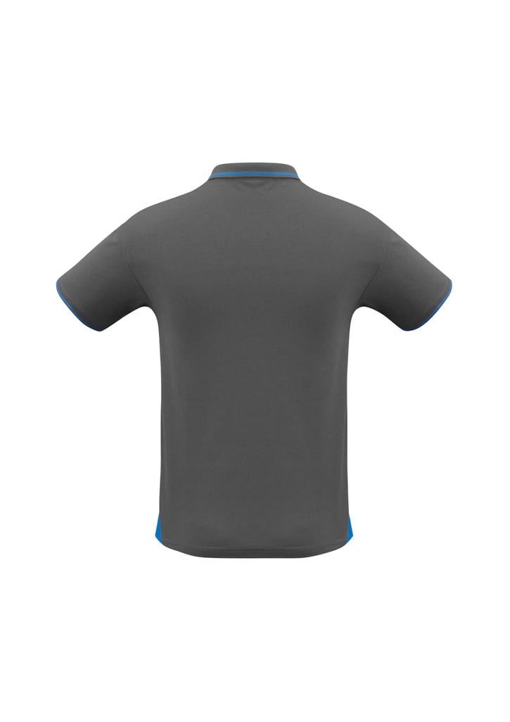 A men's polo shirt in grey with blue accents, featuring short sleeves and a collar. The back view is displayed.