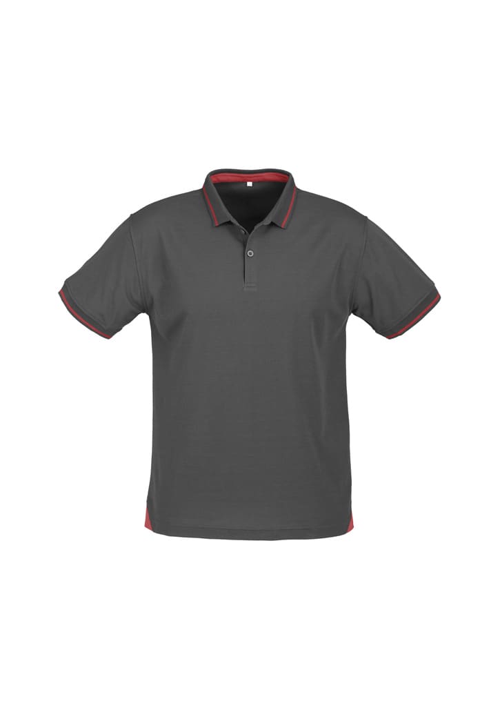 A men's short sleeve polo in grey with red accents. It features a collar and a logo.
