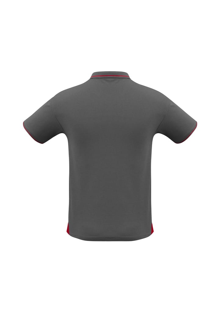 A grey men's short sleeve polo shirt with red detailing and a logo. The back view is displayed.