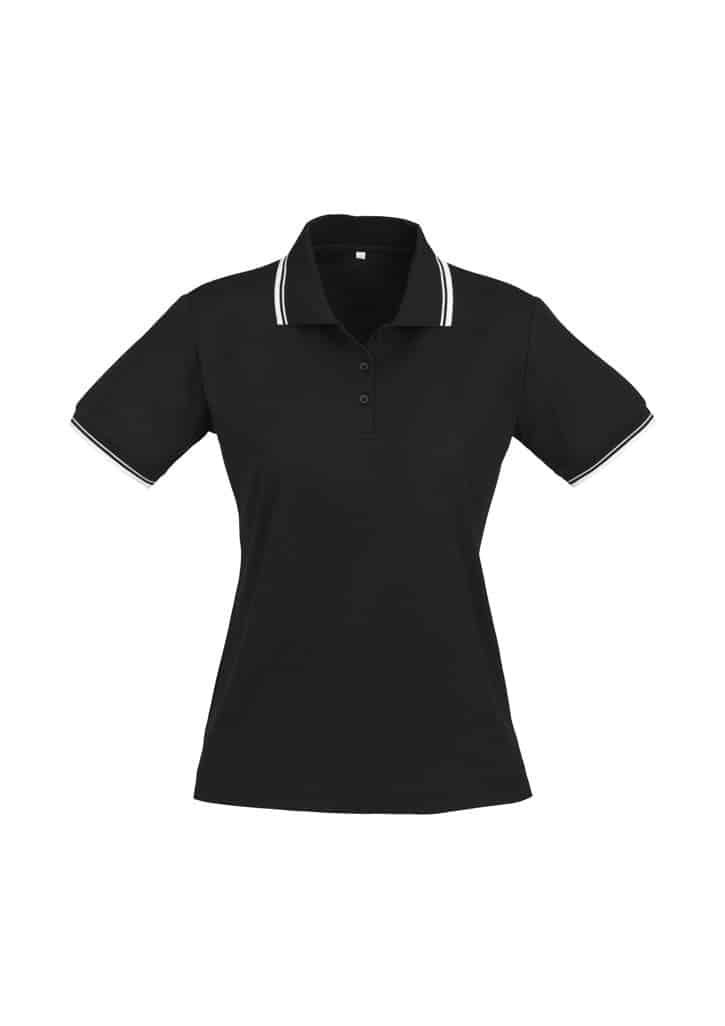 A women's black polo shirt with short sleeves and contrasting stripes on the collar and sleeves. Features a logo.