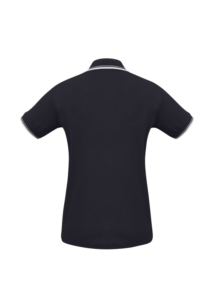 A black women's polo shirt featuring short sleeves and a contrasting collar. The back view includes a logo.