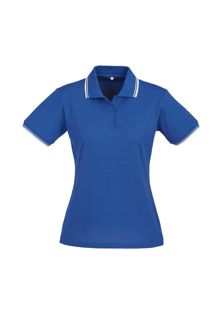 A blue women's short sleeve polo shirt with white striped detailing and a classic collar. It features a logo.