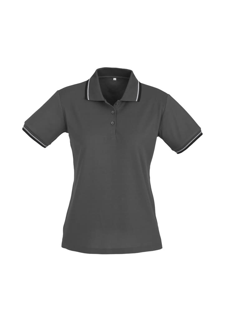 A women's short sleeve polo shirt in dark grey with contrasting trim, featuring a collar and buttons.